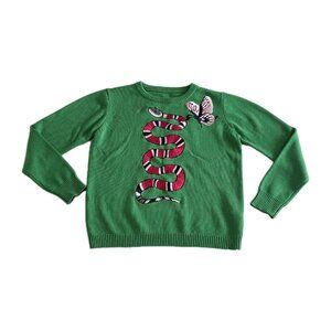 Wengel Cashmere Sweater Womens S Green Snake Butterfly Embroidery LS Preppy Boho